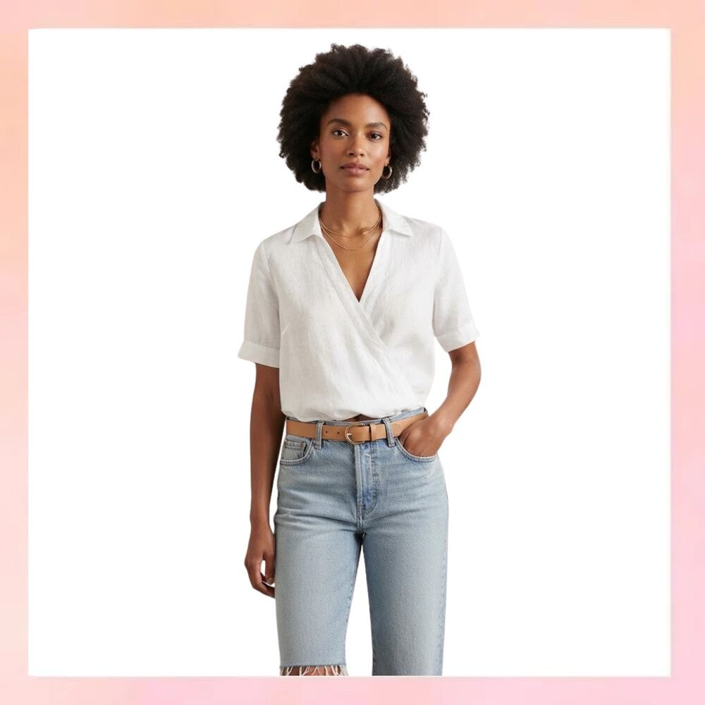 J.CREW White Linen Wrap Short Sleeve Blouse Top Size Small S